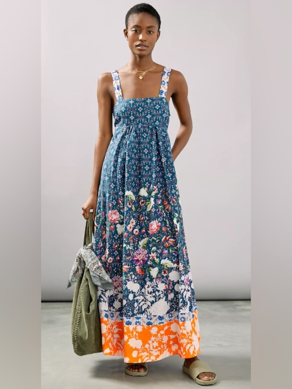 Maeve Madison Maxi Dress Medium Blue Floral Patchwork Tie Back Boho Cottagecore